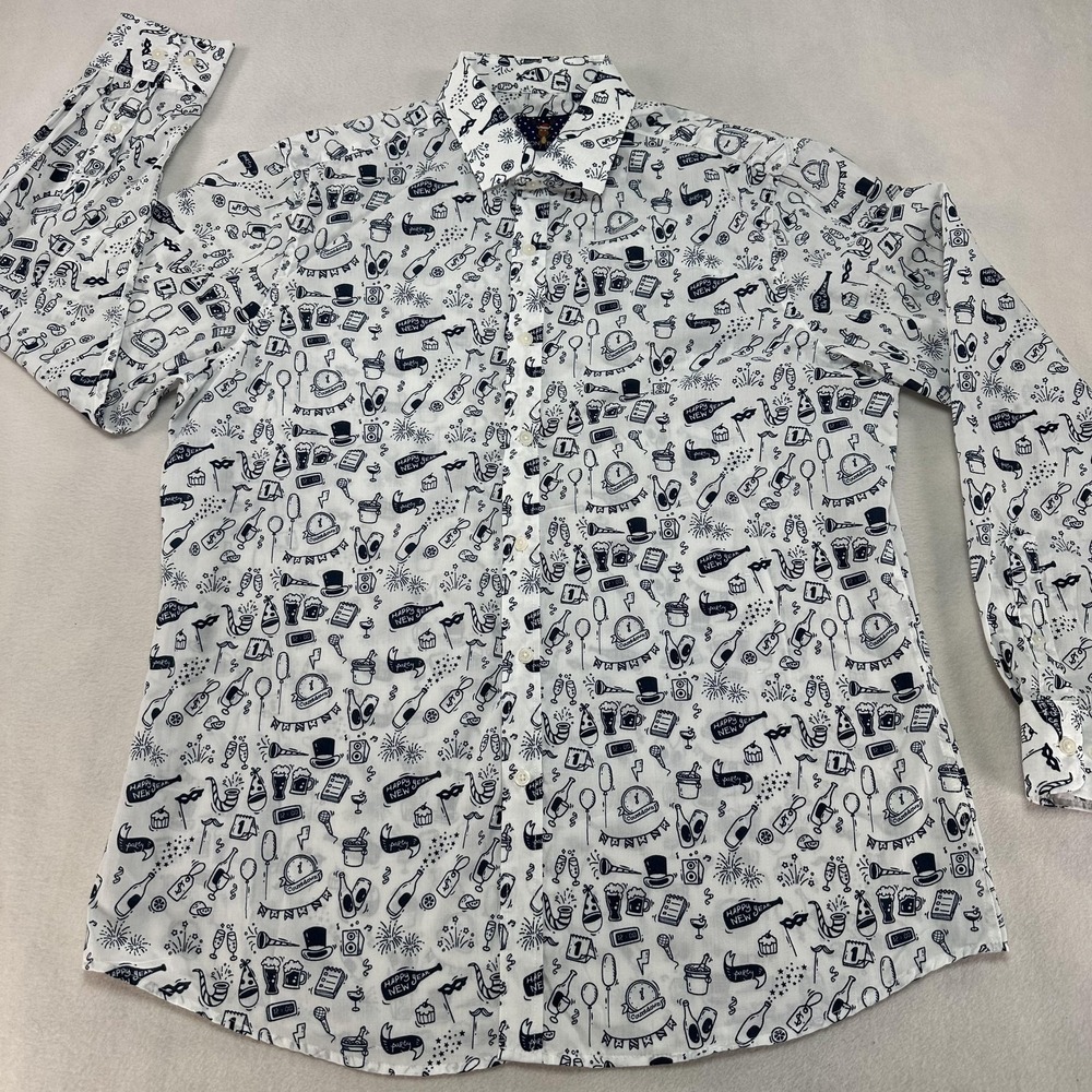 Simon Banks Shirt Men's Large Party‎ Print Long Sleeve Polyester New Year Dressy